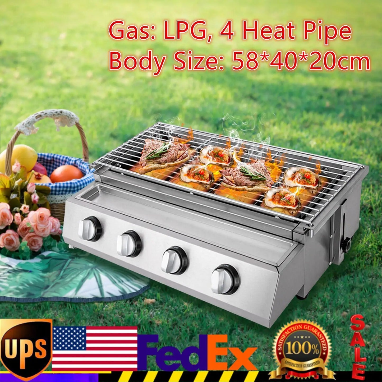 4 Burners Smokeless BBQ Grill Tabletop LPG Gas Grill Stove Party Cooker Adjustable Stainless Steel Barbecue Rotisserie Grill Kit