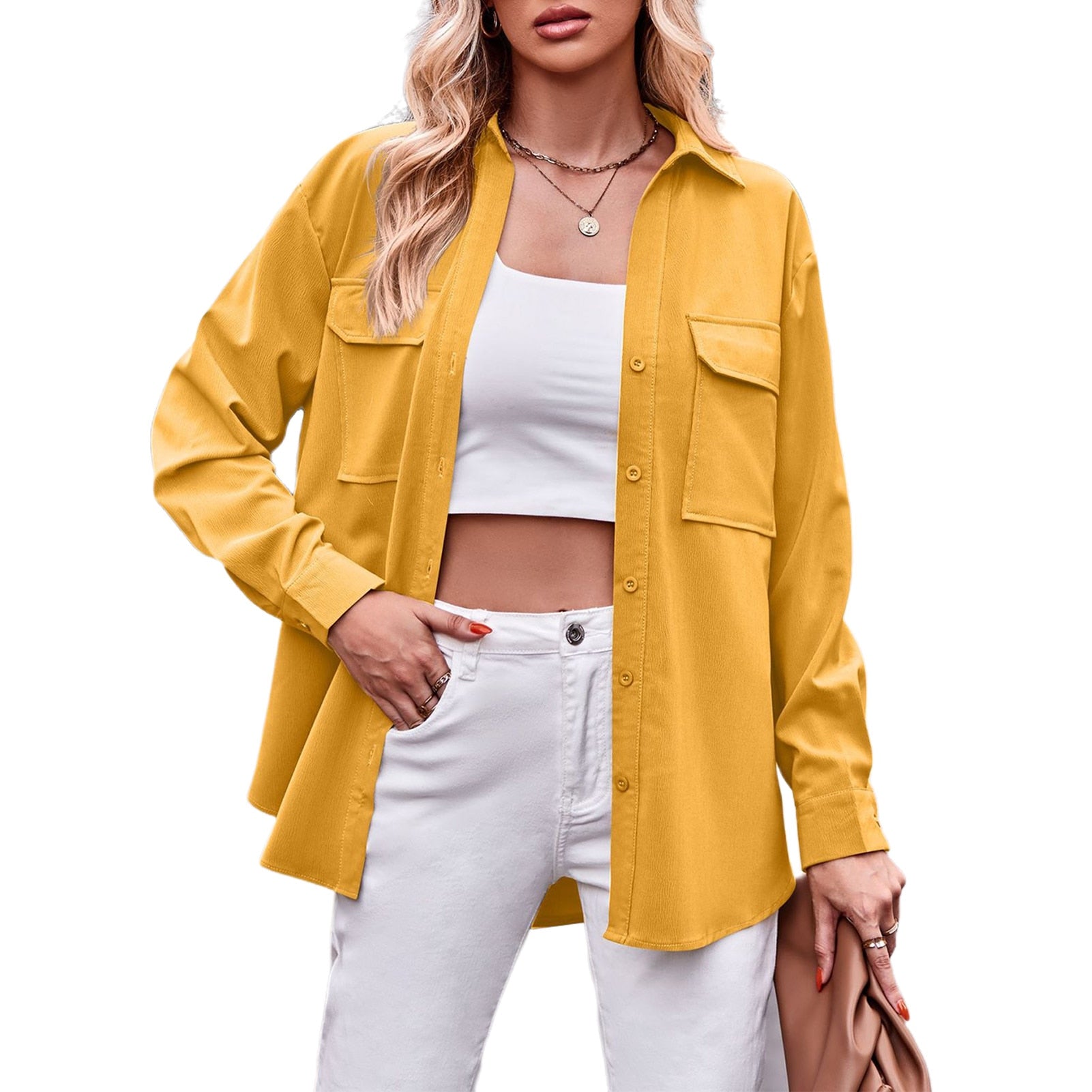 Women Elegant Blouses Tops Stylish Long Sleeve Casual Solid Color Coat with Pockets Autumn Jacket Loose Outfit - justforyoushopping23