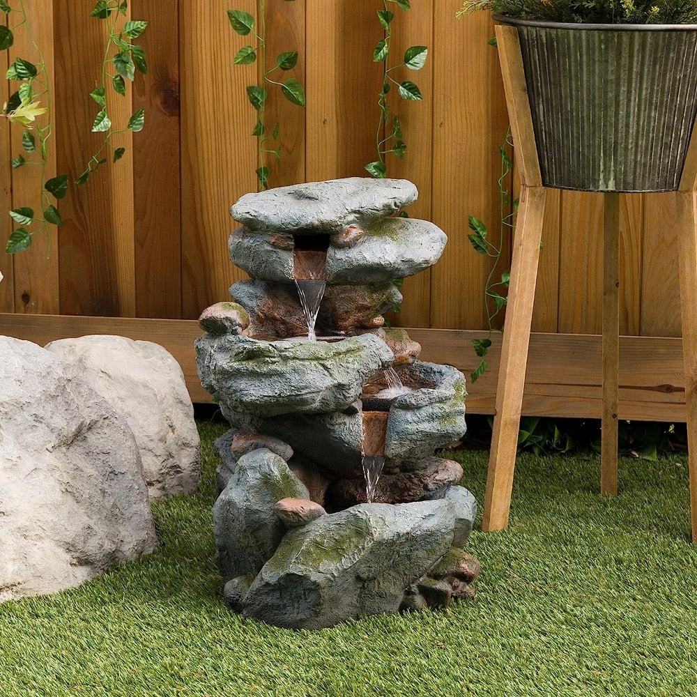 Tall Outdoor 3-Tier Rock Waterfall Fountain with LED Lights, 15"L x 13"W x 22"H, Gray/Beige, WIN582 - justforyoushopping23