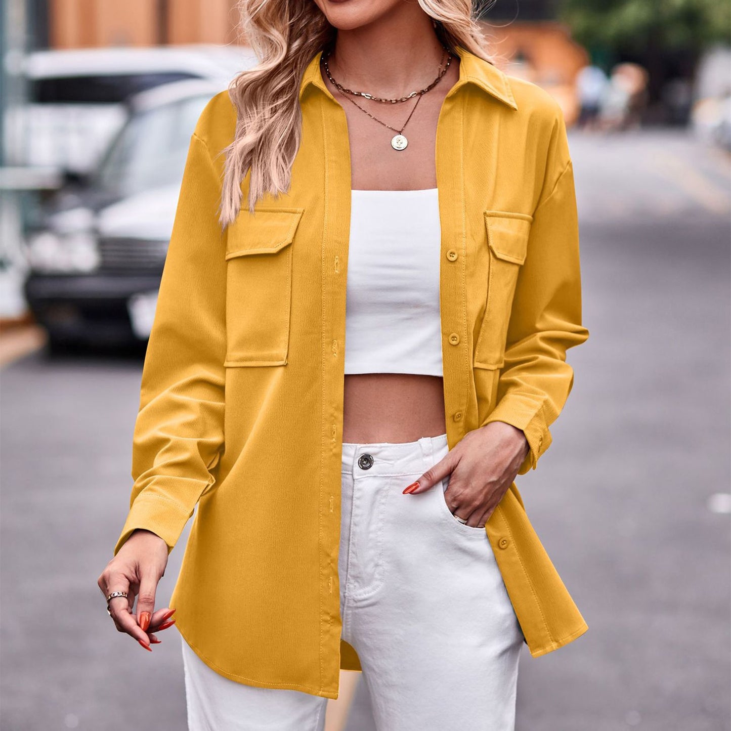 Women Elegant Blouses Tops Stylish Long Sleeve Casual Solid Color Coat with Pockets Autumn Jacket Loose Outfit - justforyoushopping23