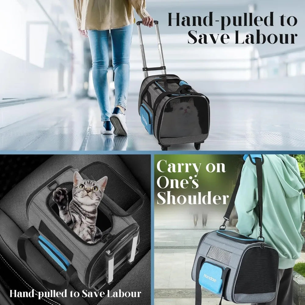 Portable Pet Carrier with Wheels,  Pet Carrier with Telescopic Handle and Shoulder StraFoldable Pet Travel Bag.