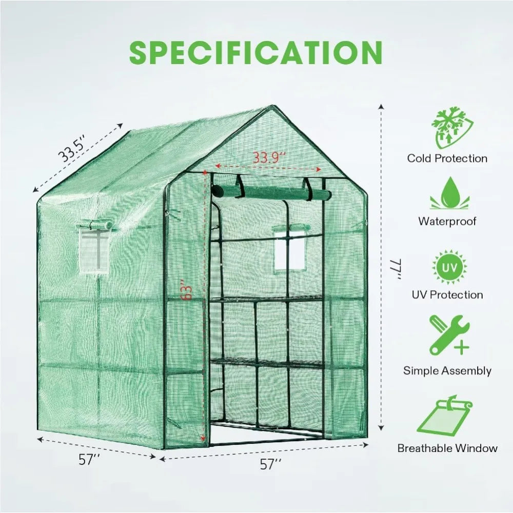 Mini Walk in Green House with Window and Anchor, Plant Garden Hot House 2 Tiers 8 Shelves,4.7 x 4.7 x 6.4 FT