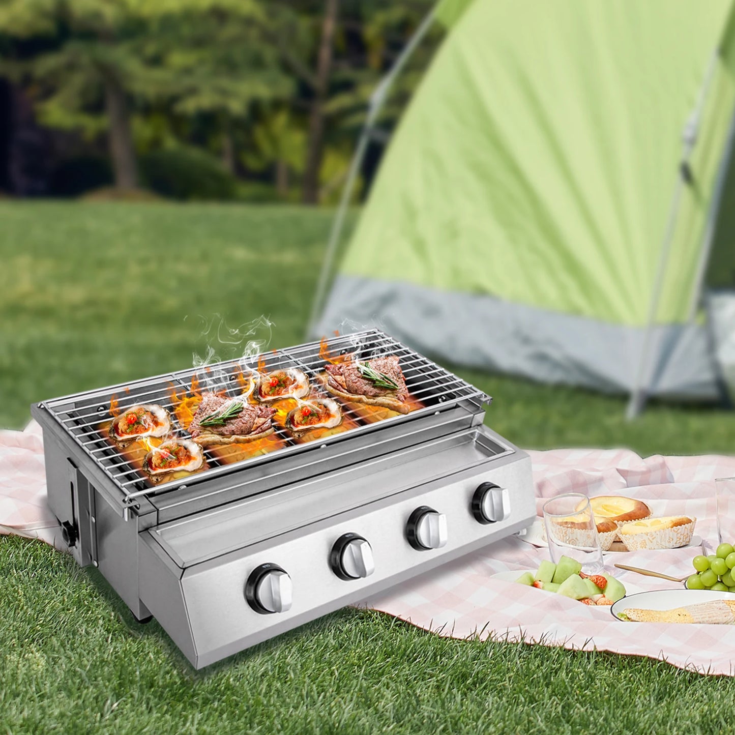 4 Burners Smokeless BBQ Grill Tabletop LPG Gas Grill Stove Party Cooker Adjustable Stainless Steel Barbecue Rotisserie Grill Kit