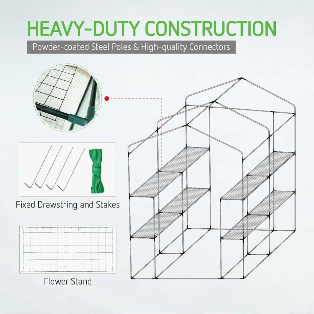 Mini Walk in Green House with Window and Anchor, Plant Garden Hot House 2 Tiers 8 Shelves,4.7 x 4.7 x 6.4 FT