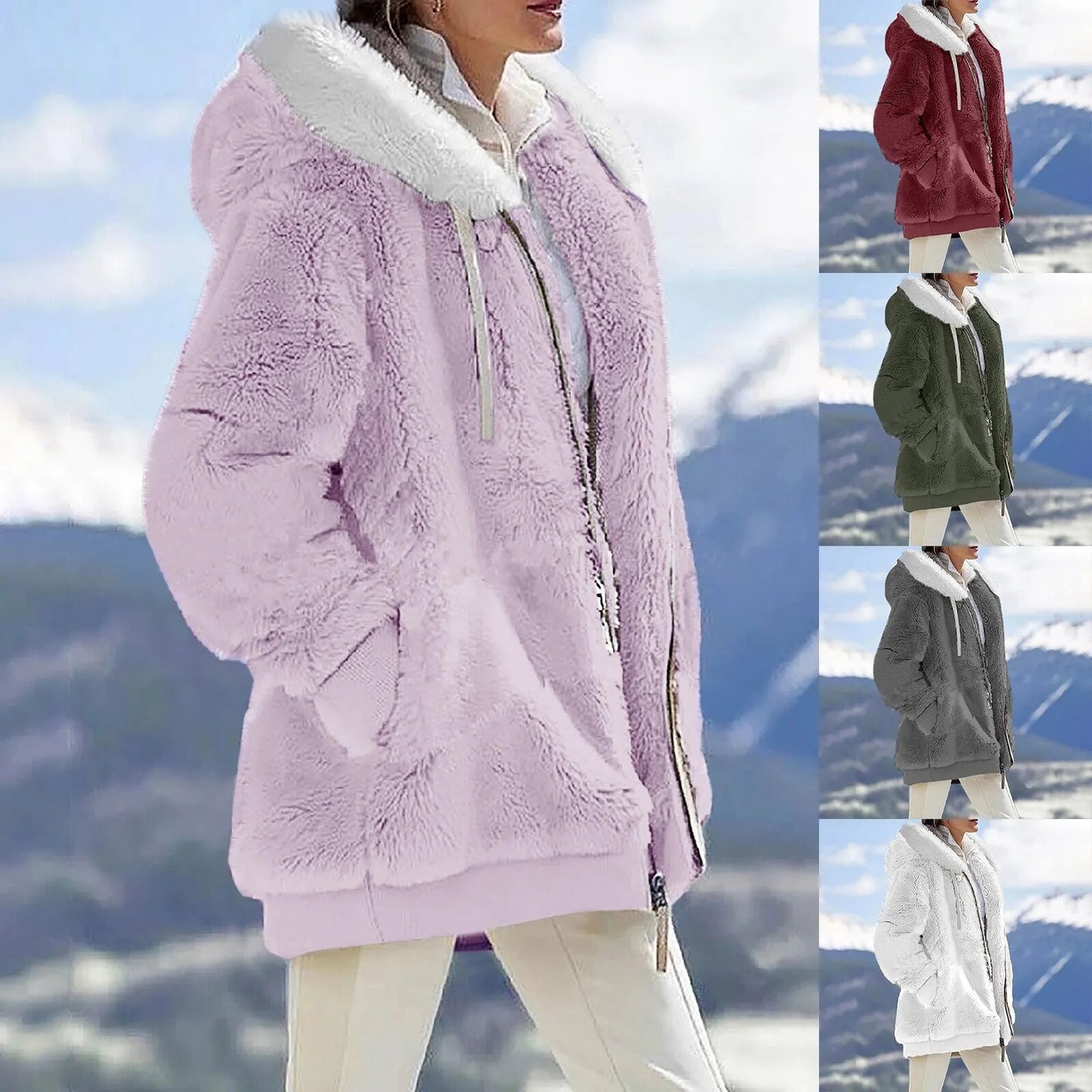 Autumn Winter Plush Coat Women Fashion Hooded Coat Loose Plush Zipper Pocket