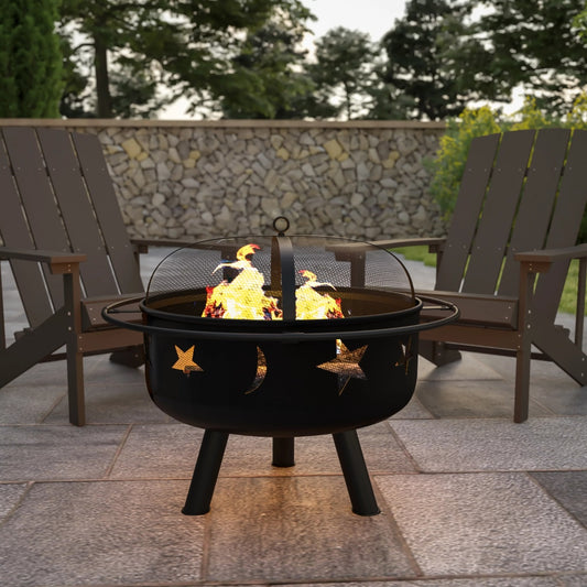 Flash Furniture 29" Round Wood Burning Firepit with Mesh Spark Screen - justforyoushopping23