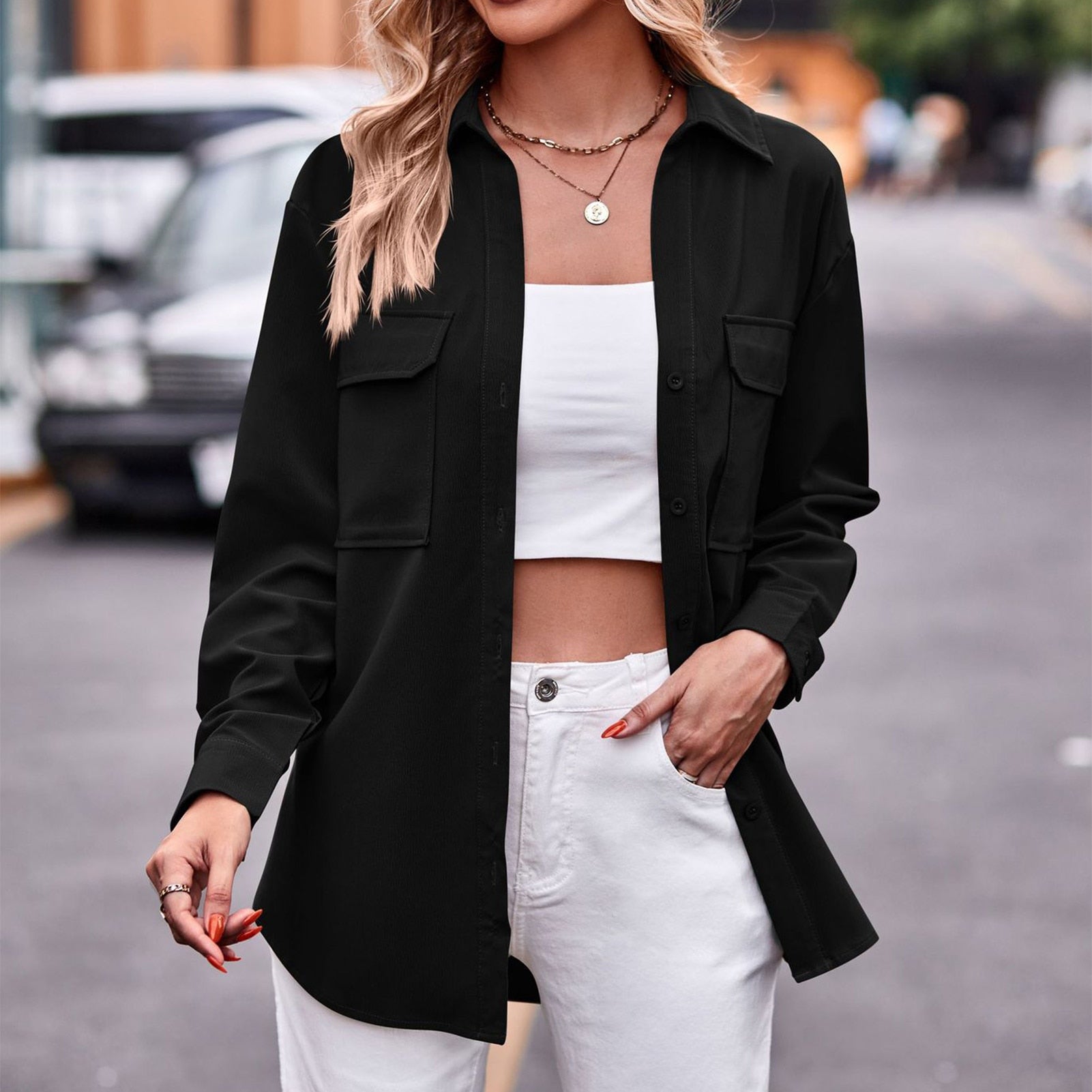 Women Elegant Blouses Tops Stylish Long Sleeve Casual Solid Color Coat with Pockets Autumn Jacket Loose Outfit - justforyoushopping23