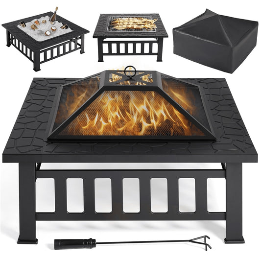 Modern  34" Square Black Finish Steel Fire Pit - justforyoushopping23